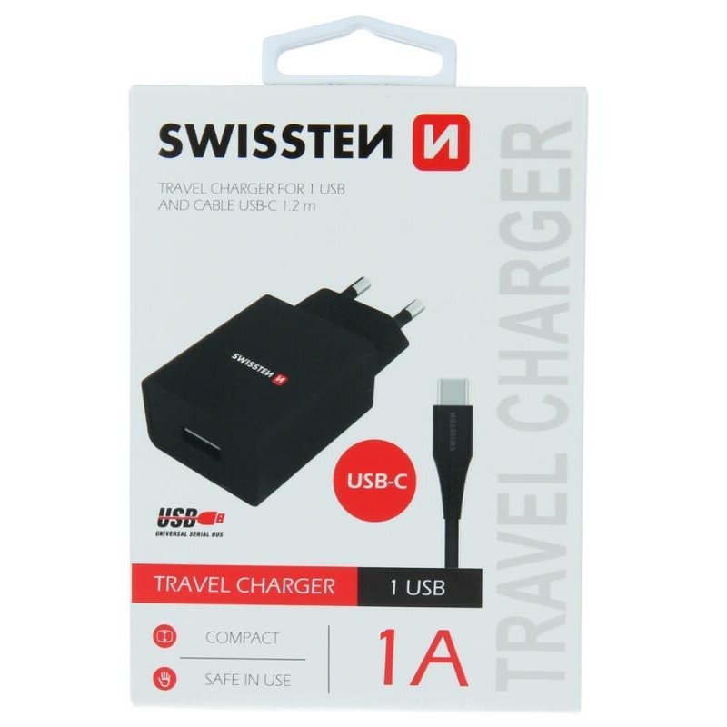 Swissten Smart IC töltő 1x USB 1A + USB/Type-C kábel 1.2m - fekete