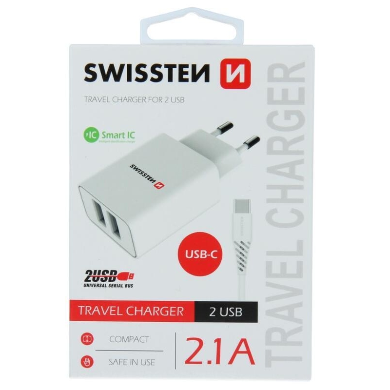 Swissten Smart IC töltő 2x USB 2.1A + USB/Type-C kábel 1.2m - fehér