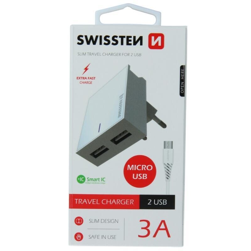 Töltő Swissten SMART IC 3A 3A 2x USB + USB/mikro USB kábel 1.2m - fehér