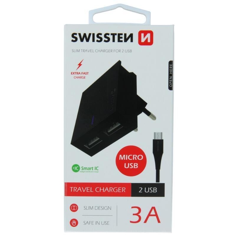 Töltő Swissten SMART IC 3A 2x USB + USB/mikro USB kábel 1,2m - fekete