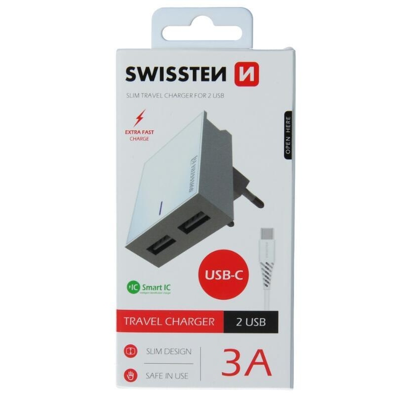 Töltő Swissten SMART IC 3A 3A 2x USB + USB/Type C kábel 1,2m - fehér