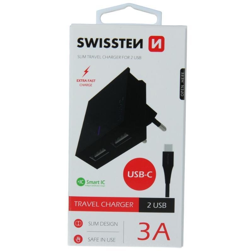 Töltő Swissten SMART IC 3A 3A 2x USB + USB/Type C kábel 1,2m - fekete