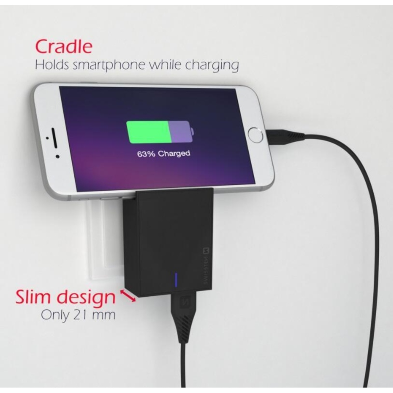 Töltő Swissten SMART IC 3A 3A 2x USB + USB/Type C kábel 1,2m - fekete