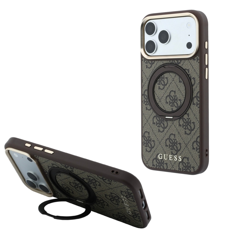Guess PU 4G Ring Stand MagSafe hátsó tok iPhone 18 Pro-hoz, barna