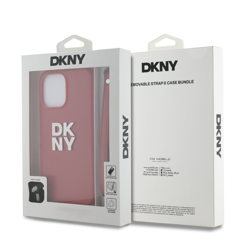 DKNY PU bőr Stack Logo csuklópánt hátlapi borító iPhone 14 Pro piroshoz