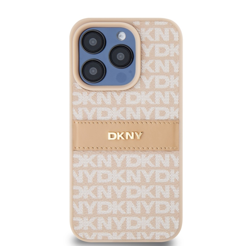 DKNY PU bőr ismétlődő mintás tonális csíkos hátlapi borító iPhone 14 Pro rózsaszínhez