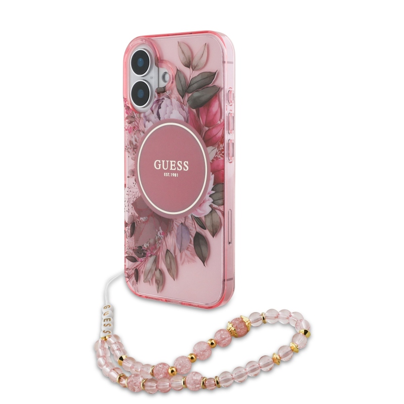 Guess IML Flowers Strap MagSafe hátlapi borító iPhone 16 Plus rózsaszínű készülékhez