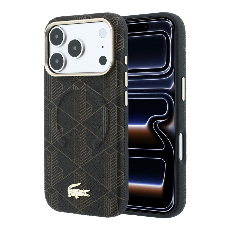 Lacoste PVC Semi Wrap Blend dombornyomott MagSafe hátsó tok iPhone 18 Pro Max-hoz, barna