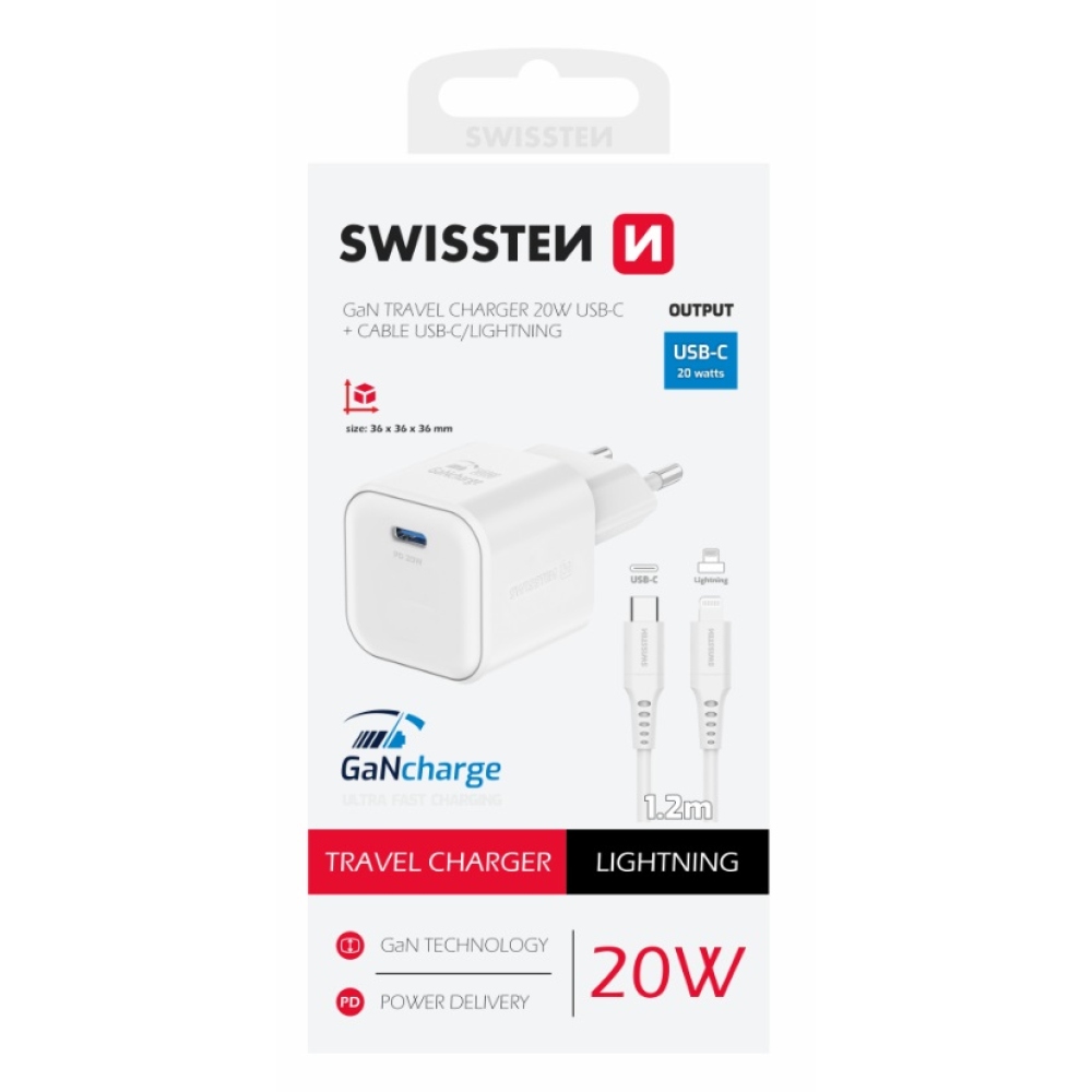 Swissten GaN 1x USB-C 20W Power Delivery + USB-C/Lightning 1.2m kábel - fehér