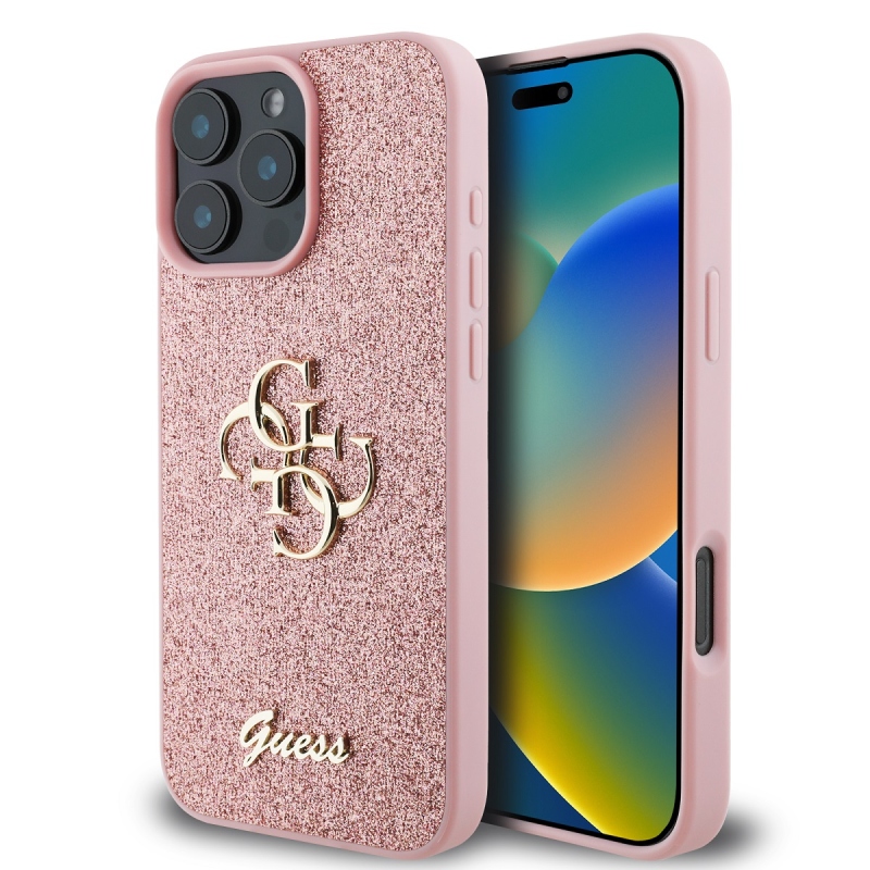 Guess PU Fixed Glitter 4G fém logó hátlap iPhone 16 Pro Max rózsaszínhez