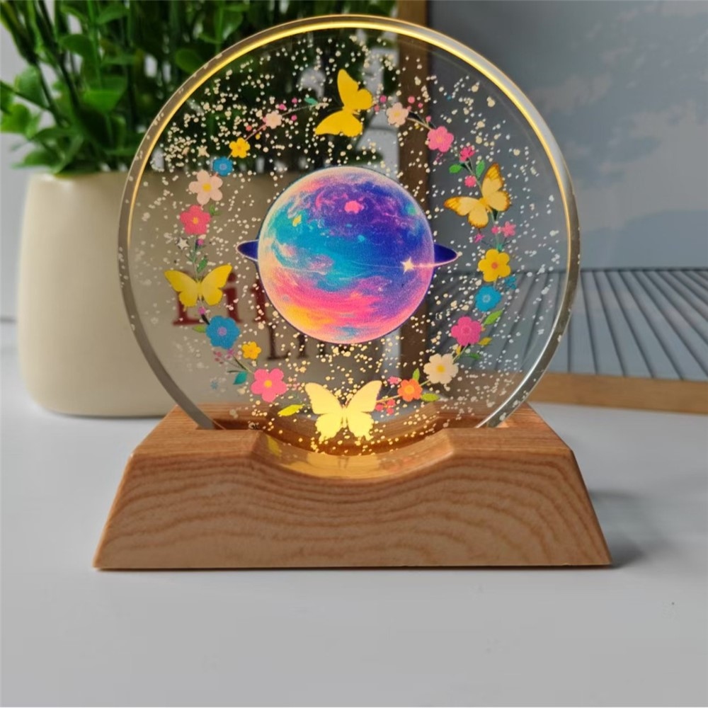 3D kristályos LED lámpa 8 cm fa talppal - Flower Planet