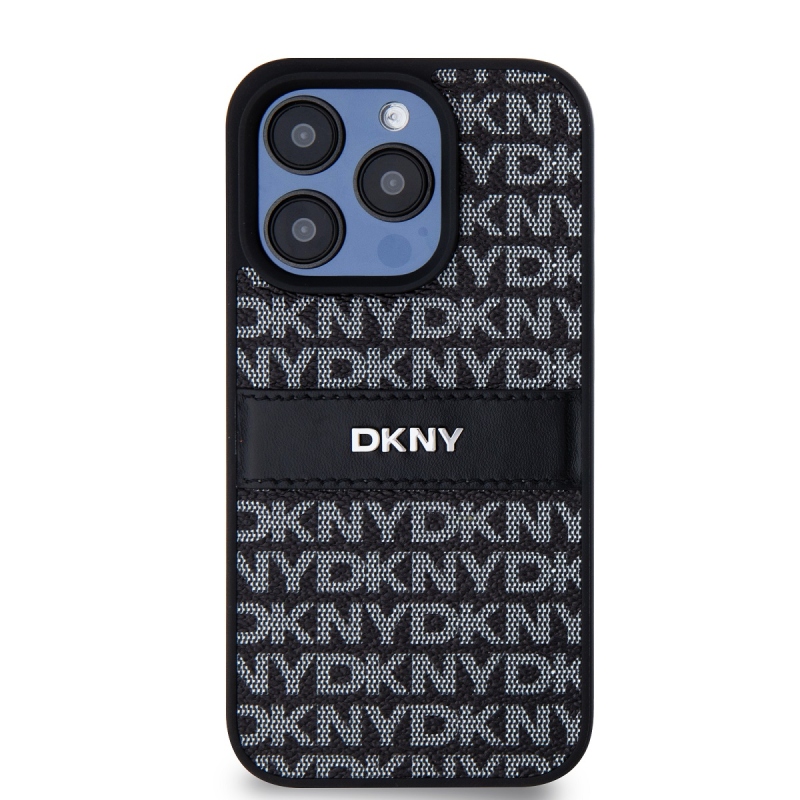 DKNY PU bőr ismétlődő mintás tonális csíkos hátlap iPhone 14 Pro Max-hoz Fekete