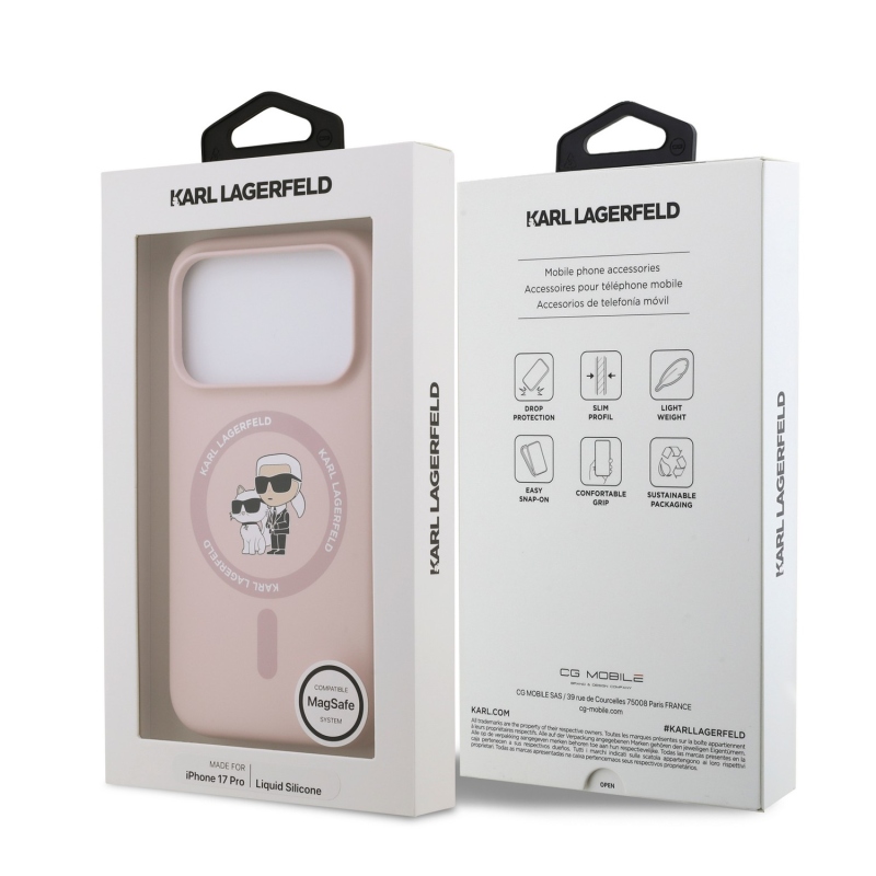 Karl Lagerfeld Liquid Silicone Karl és Choupette MagSafe hátsó tok iPhone 18 Pro-hoz, rózsaszín