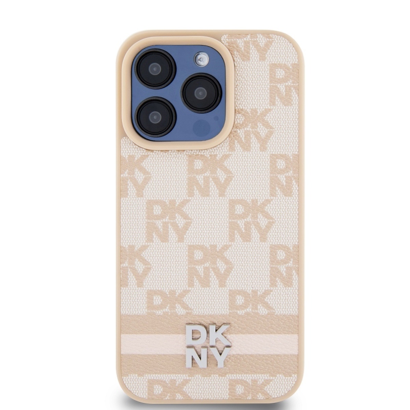 DKNY PU bőr kockás mintás és csíkos hátlapi borító iPhone 14 Pro Max rózsaszínhez
