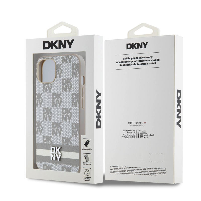 DKNY PU bőr kockás mintás és csíkos hátlapi borító iPhone 13 bézs színű készülékhez
