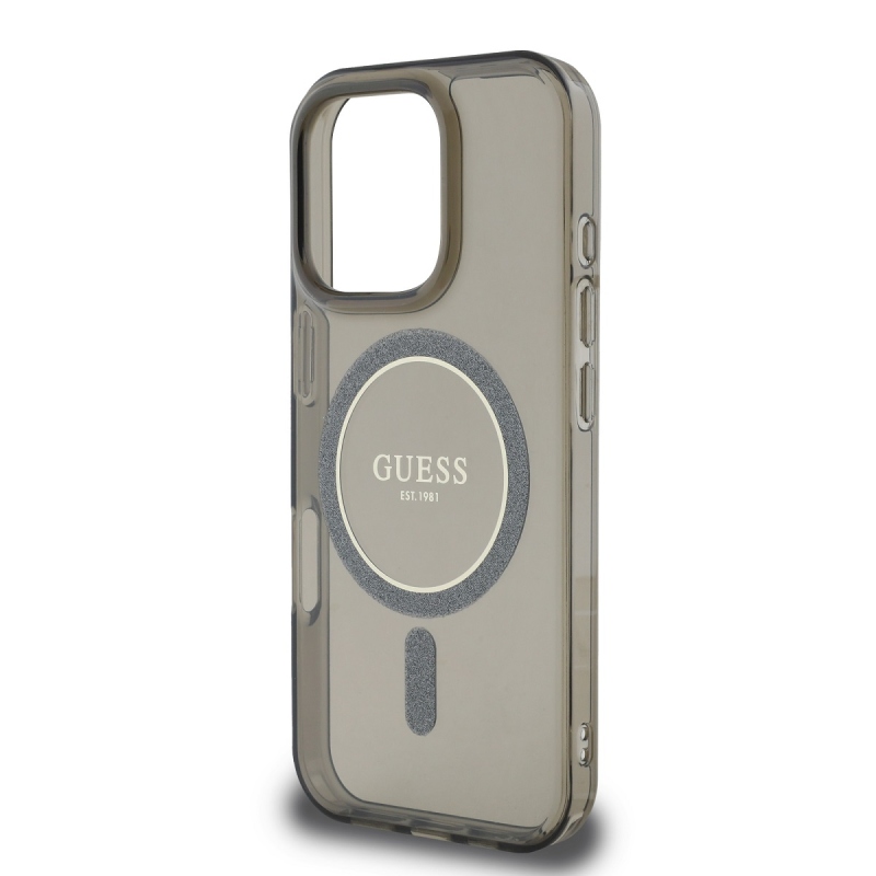 Guess IML Glitter Ring MagSafe hátlap iPhone 16 Pro Fekete