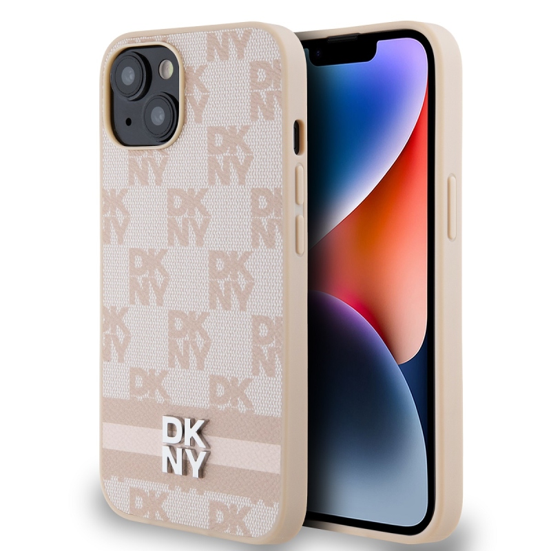 DKNY PU bőr kockás mintás és csíkos hátlapi borító iPhone 14 rózsaszínhez