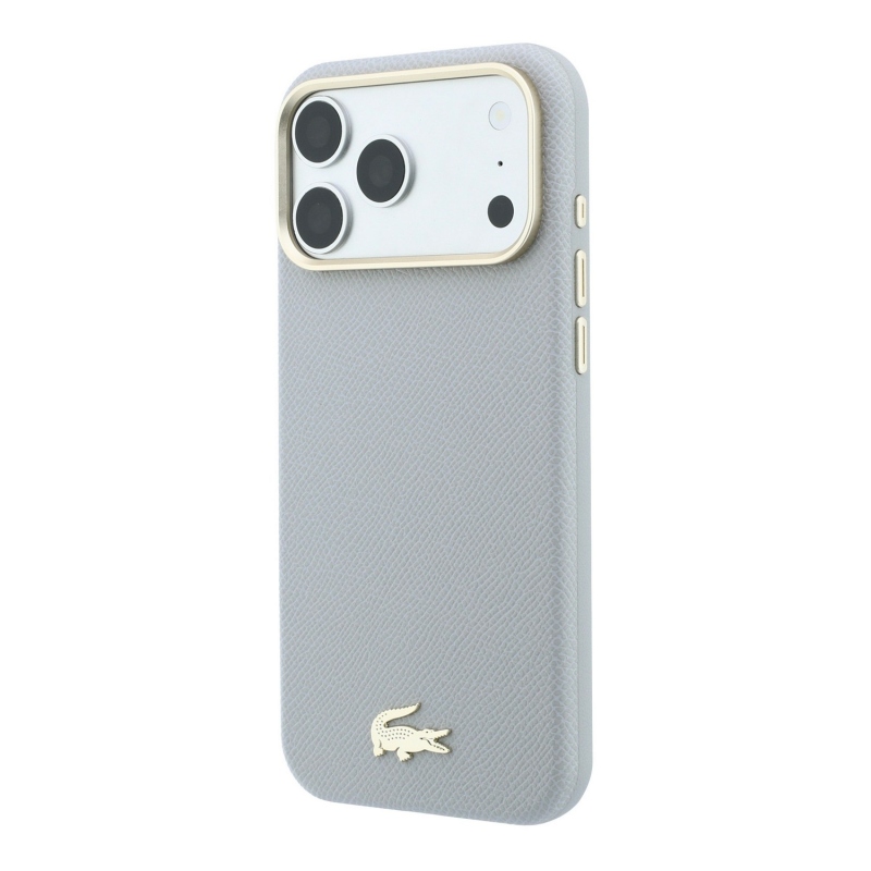 Lacoste PU bőr Champs-Élysées arany logós MagSafe hátsó tok iPhone 18 Pro-hoz, világosszürke