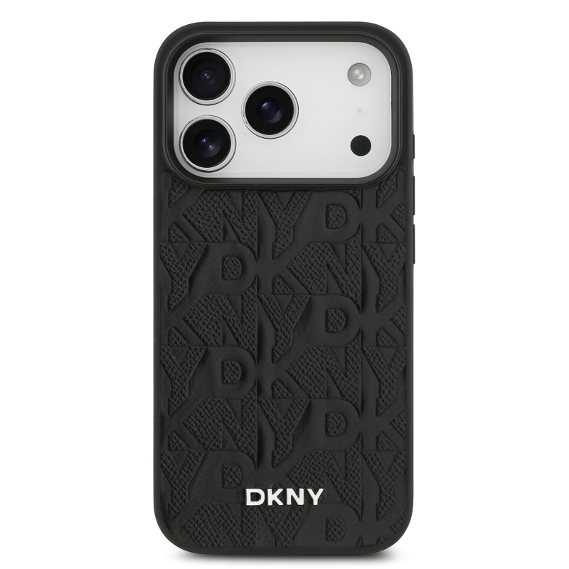 DKNY PU bőr rácsmintás Magsafe hátlap iPhone 17 Pro fekete színűre