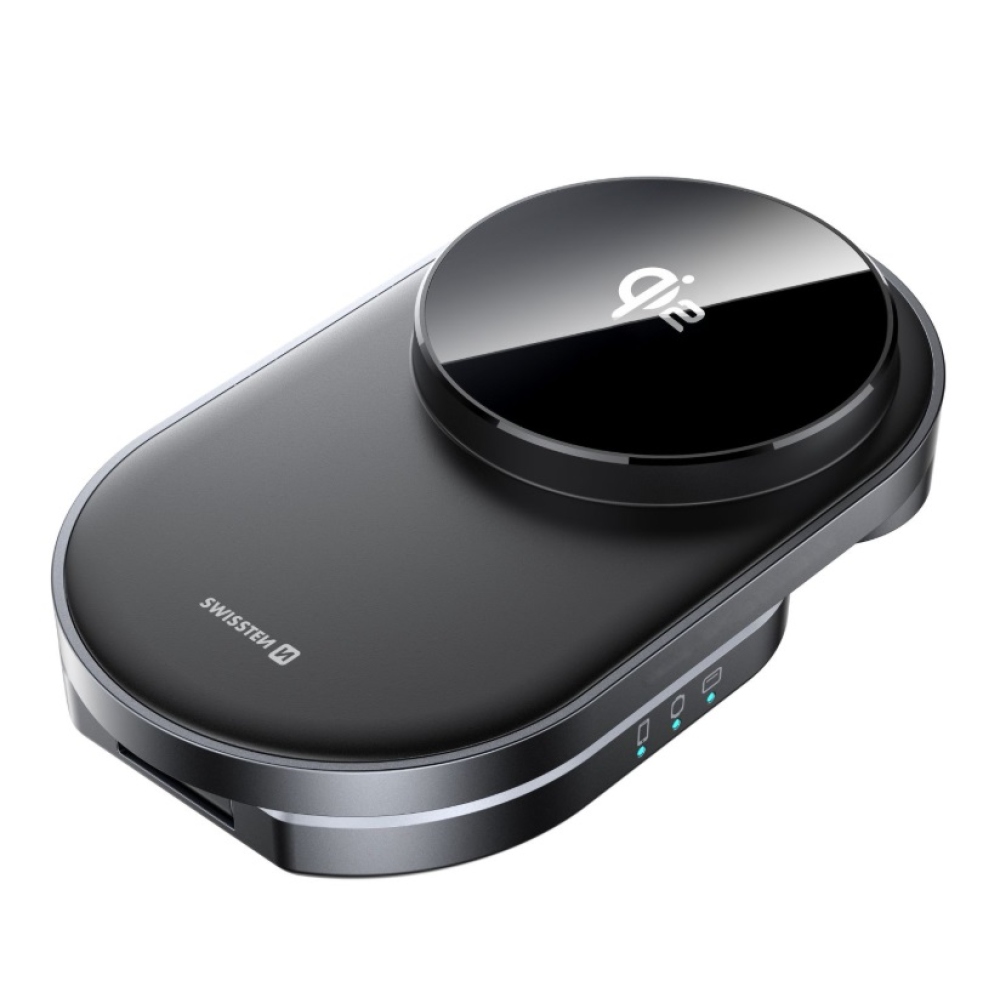 Swissten összecsukható vezeték nélküli Qi2 MagBase 3in1 töltő - fekete (MagSafe kompatibilis)