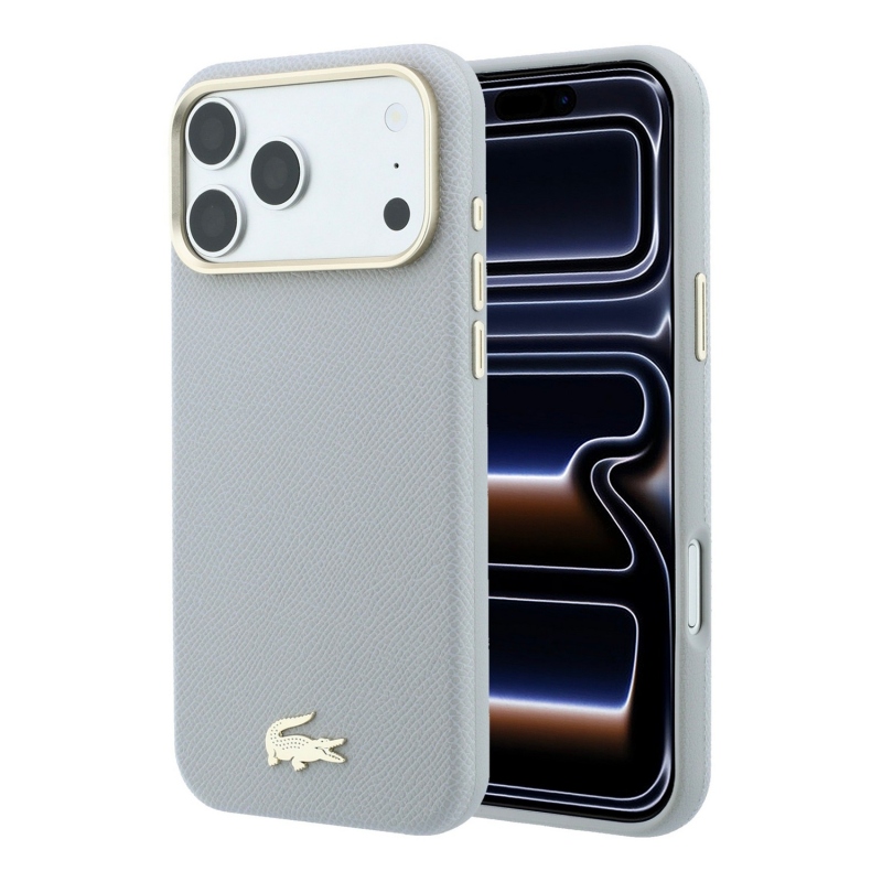 Lacoste PU bőr Champs-Élysées arany logós MagSafe hátsó tok iPhone 18 Pro Max-hoz, világosszürke