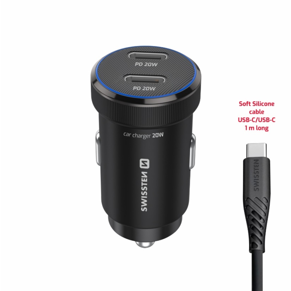 Swissten CL adapter 2x USB-C PD, 20W - fekete + USB-C / USB-C kábel, 1m