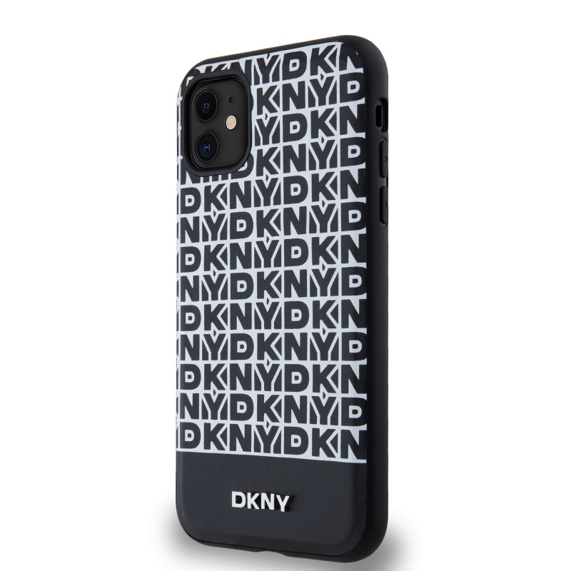 DKNY PU bőr ismétlődő mintás alsó csíkos MagSafe hátlap iPhone 11-hez Fekete