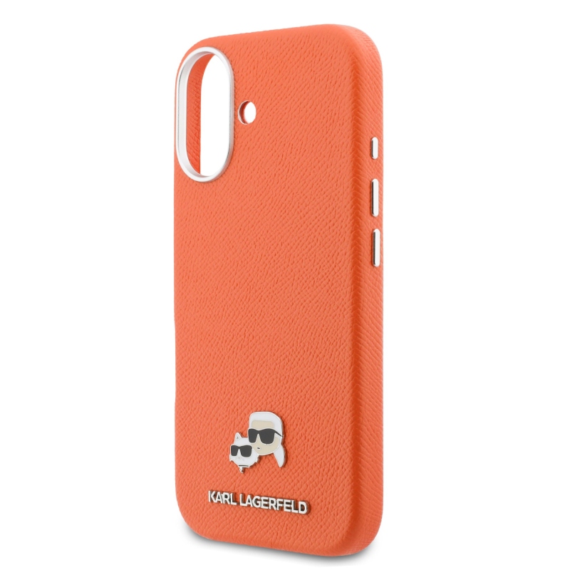 Karl Lagerfeld PU Karl és Choupette fejek tűk MagSafe hátlap iPhone 17 narancssárga borítóhoz