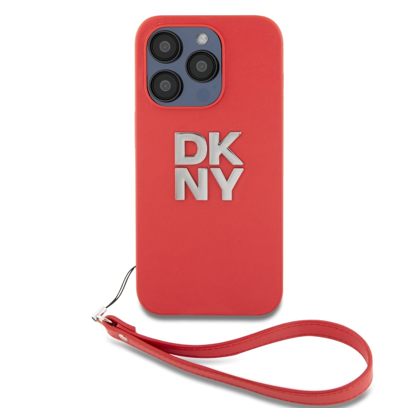 DKNY PU bőr Stack Logo csuklópánt hátlapi borító iPhone 15 Pro Max-hoz piros