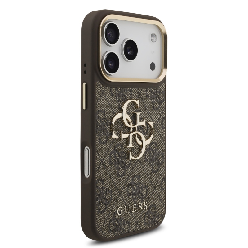Guess PU bőr 4G fém logóval és arany kerettel ellátott hátsó tok iPhone 18 Pro-hoz, barna