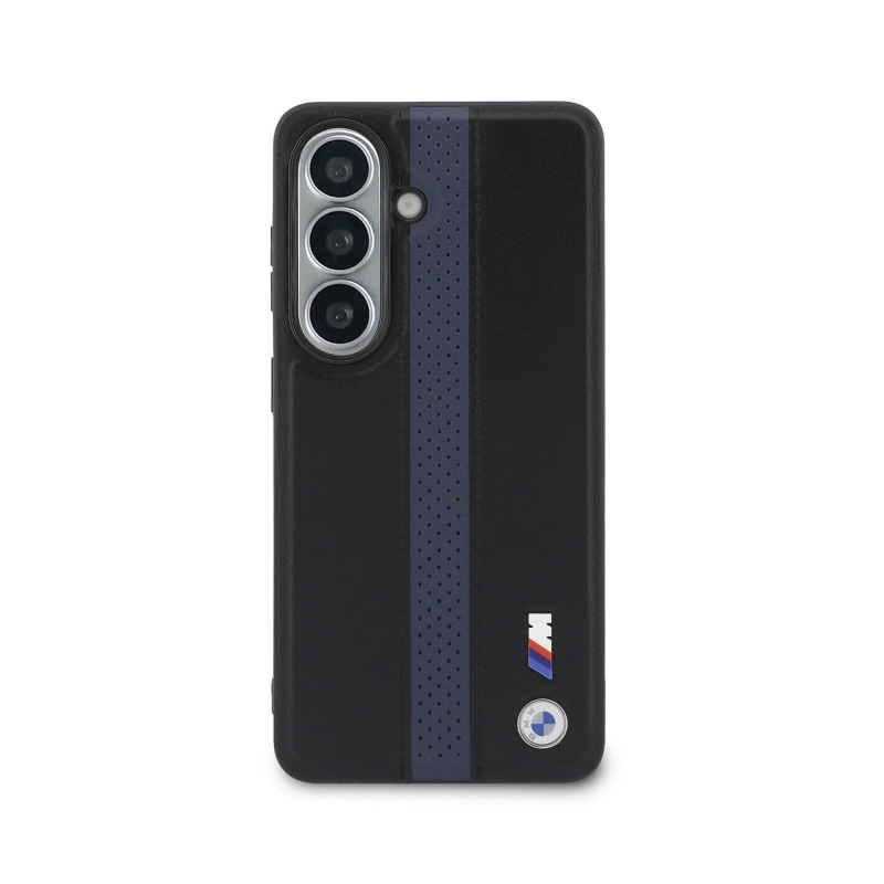 BMW M PU bőr perforált csíkok és fém logó mágneses hátlap Samsung Galaxy S26 kék