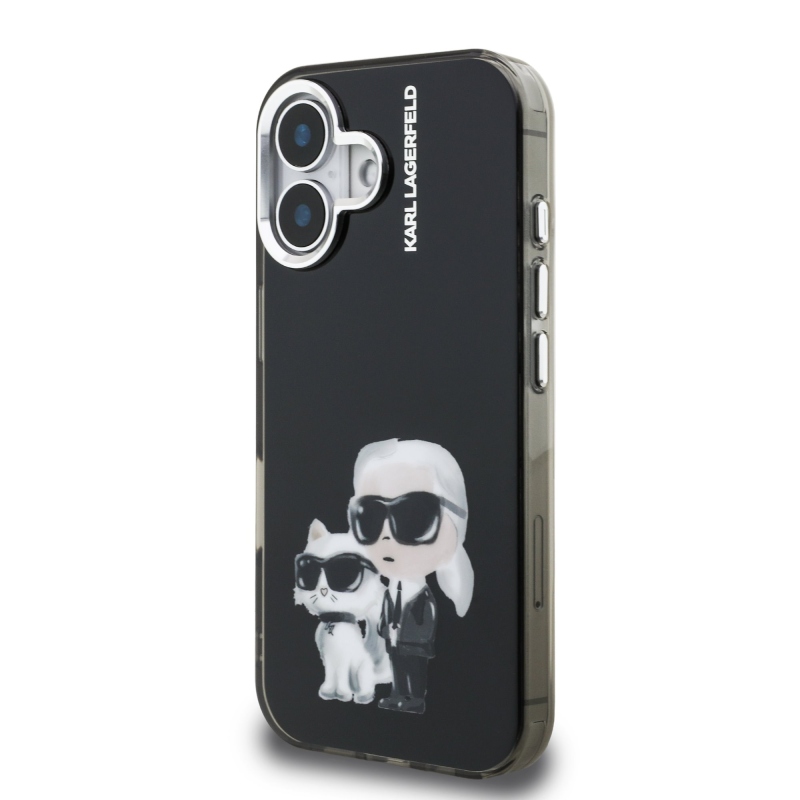 Karl Lagerfeld IML Aquarelle Karl és Choupette hátlapi borító iPhone 16-hoz Fekete