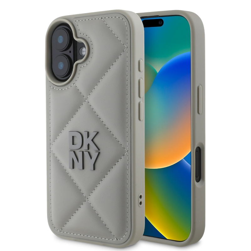 DKNY PU bőr steppelt stack logós hátlap iPhone 16 Plus készülékhez Szürke