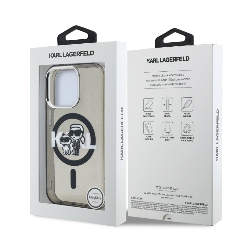 Karl Lagerfeld IML Glitter Karl és Choupette Sketch MagSafe hátlap iPhone 15 Pro Max-hoz Fekete