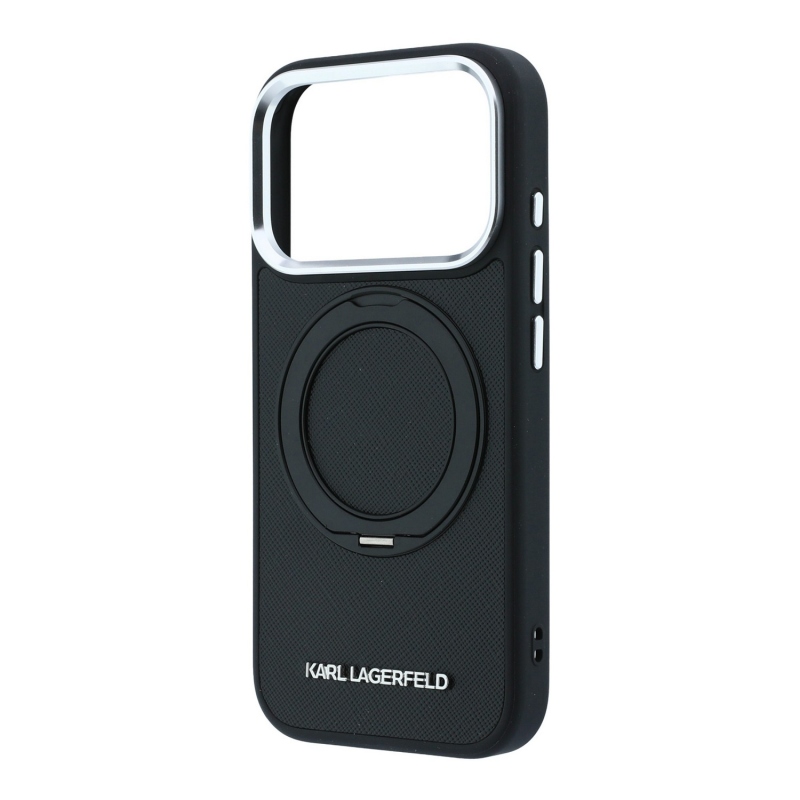 Karl Lagerfeld PU Saffiano gyűrűs állványos MagSafe hátsó tok iPhone 18 Pro Max-hoz, fekete