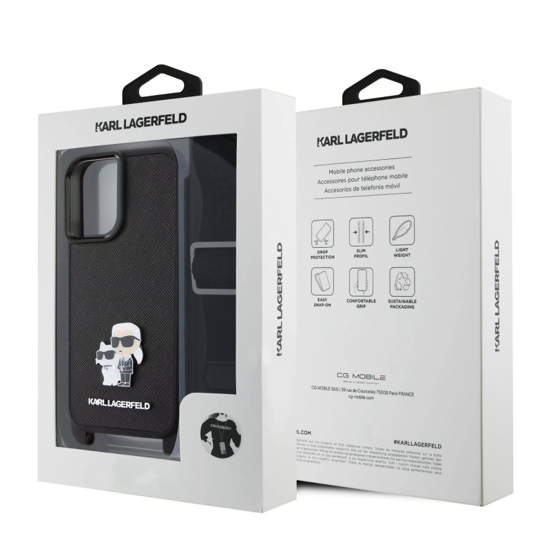 Karl Lagerfeld Saffiano Crossbody Strap Metal Karl és Choupette hátlapi borító iPhone 16-hoz Fekete