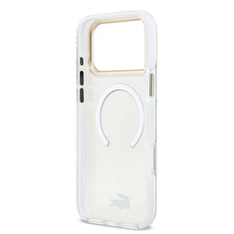 Lacoste IML ütésálló Petit Pique arany logós MagSafe hátsó tok iPhone 18 Pro Max-hoz, átlátszó