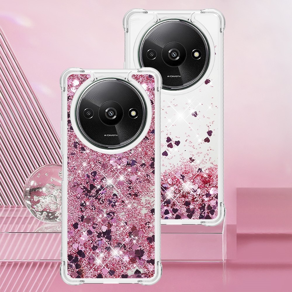 Glitter zselés homokóra hüvely Xiaomi Redmi A3-hoz - rózsaarany/szív
