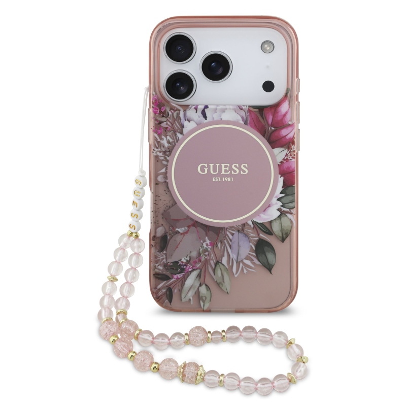 Guess IML Flowers Strap MagSafe hátlapi borító iPhone 17 Pro rózsaszínhez