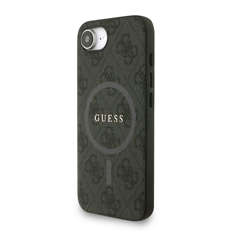 Guess PU bőr 4G színes gyűrűs pánt MagSafe hátsó borító iPhone 16e Fekete