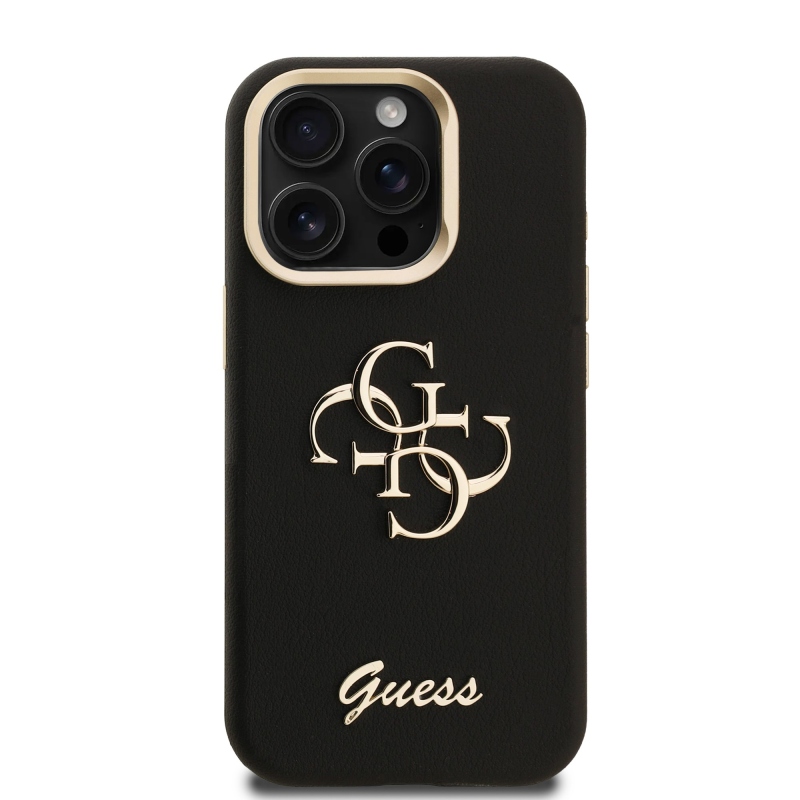 Guess PU szemcsés 4G Logo Stand Kamera keret hátlapi borító iPhone 15 Pro fekete