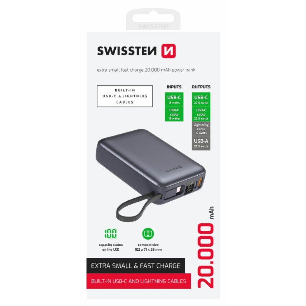 Swissten Powerbank integrált USB-C és Lightning kábelekkel, 20000 mAh - ezüst