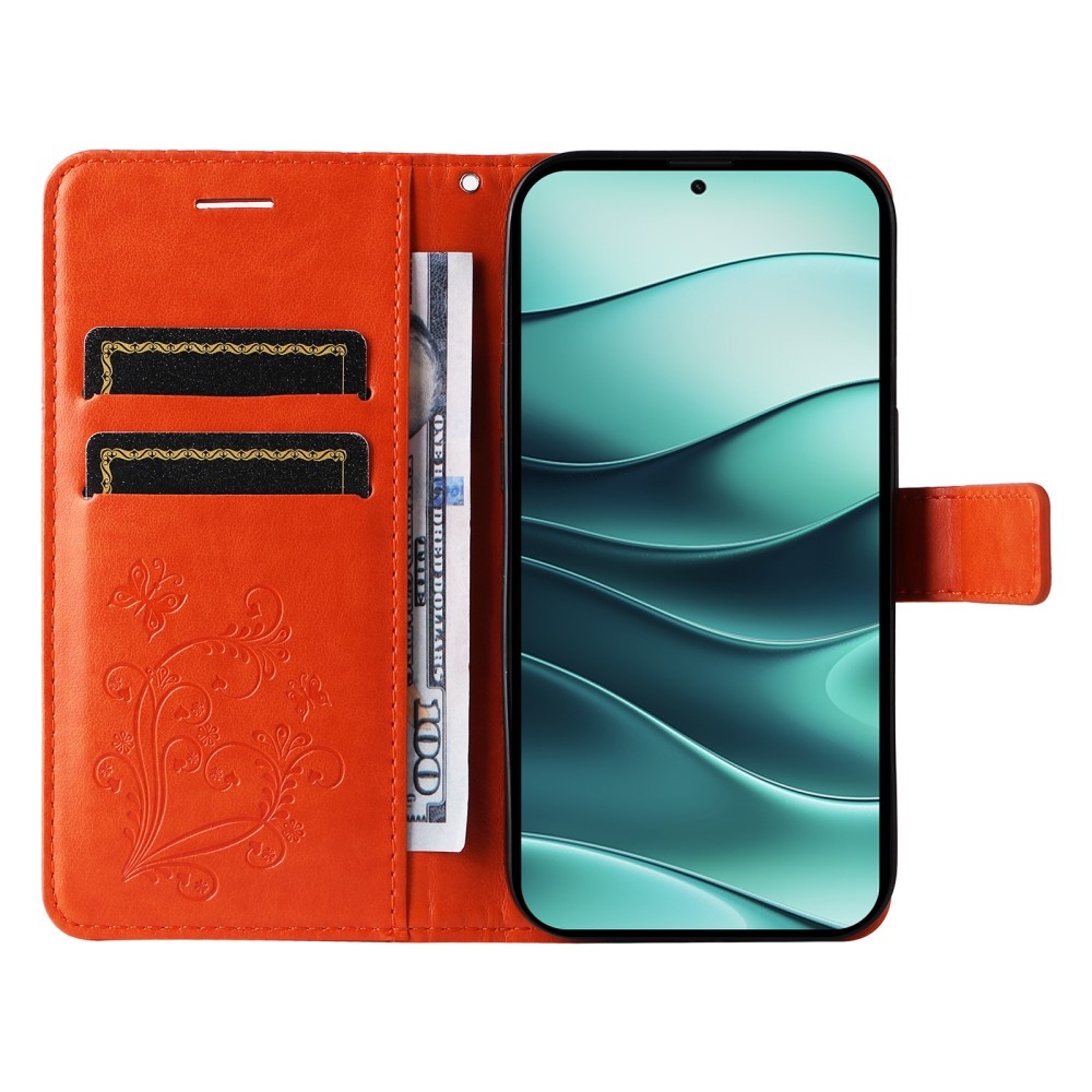 Nagy pillangó könyv tok Xiaomi Redmi Note 14 5G - narancssárga színben