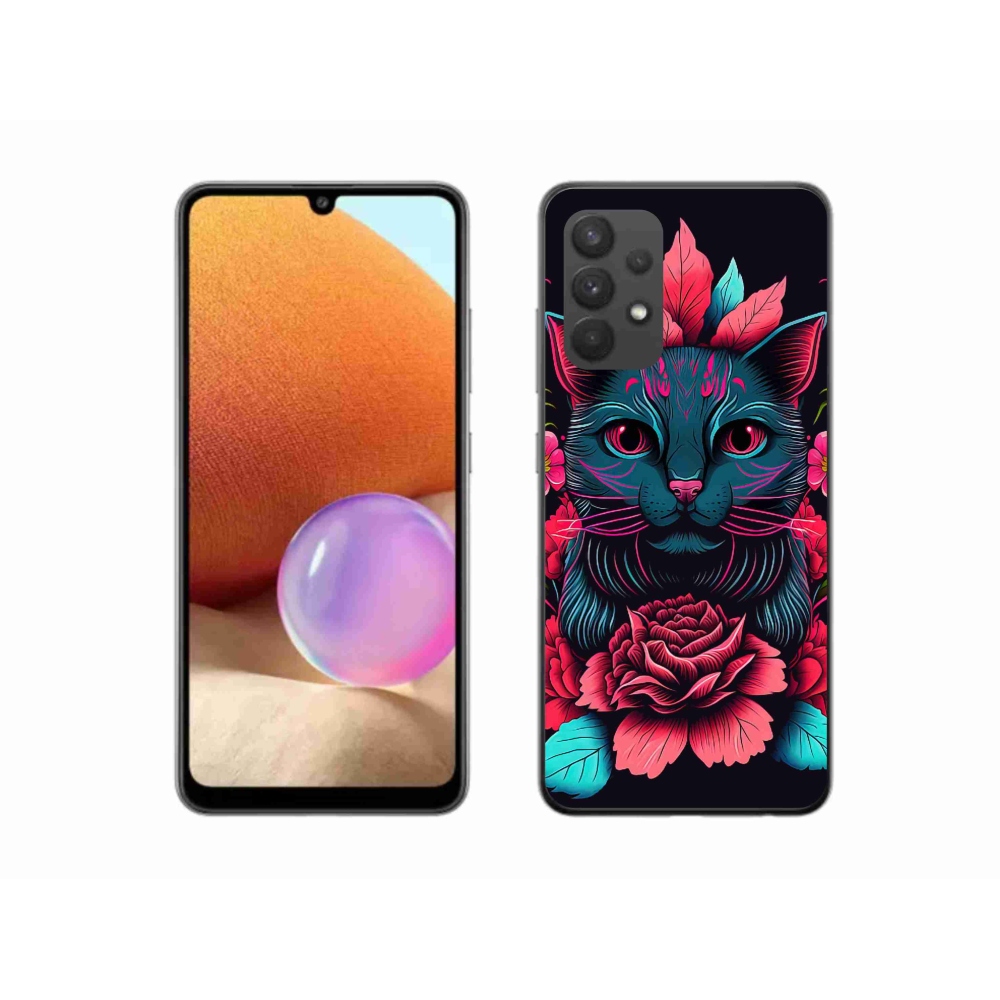 Gél borítás mmCase Samsung Galaxy A32 4G - virágok és macska