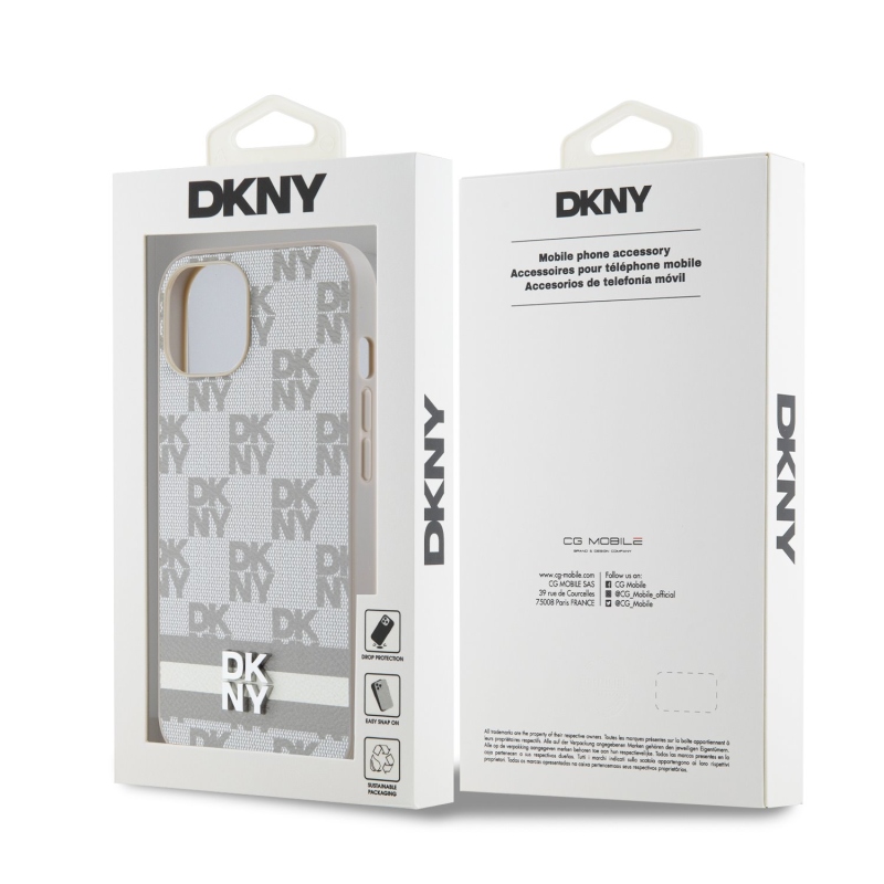 DKNY PU bőr kockás mintás és csíkos hátlapi borító iPhone 12/12 Pro bézs színű készülékhez