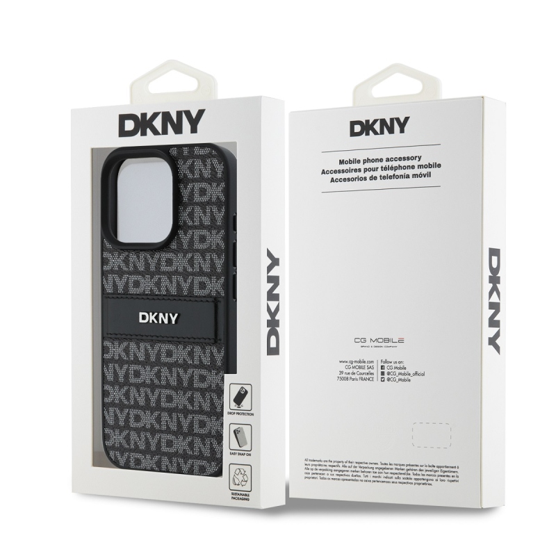 DKNY PU bőr ismétlődő mintás tonális csíkos hátlapi borító iPhone 16 Pro Fekete