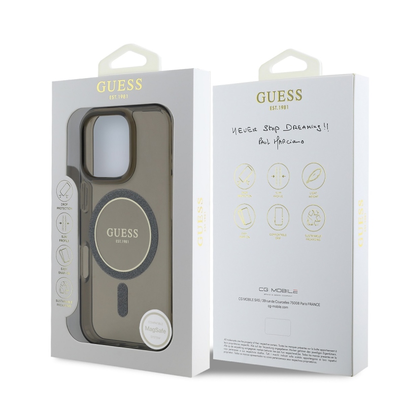 Guess IML Glitter Ring MagSafe hátlap iPhone 16 Pro Fekete