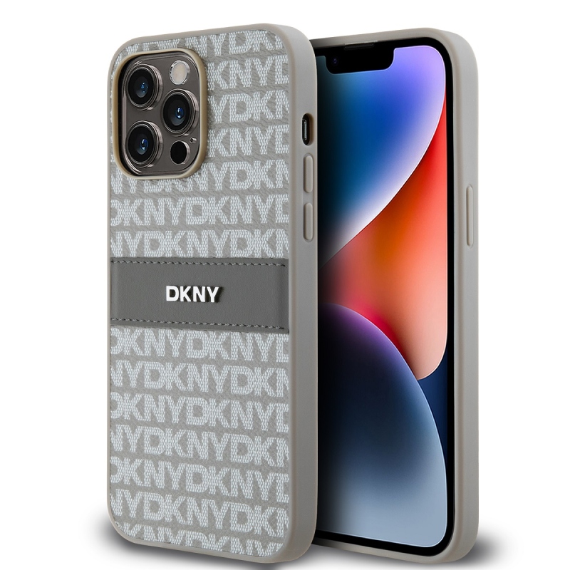 DKNY PU bőr ismétlődő mintás tonális csíkos hátlapi borító iPhone 15 Pro Max bézs színűhöz