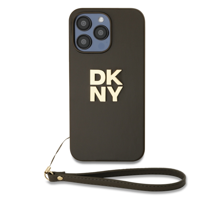 DKNY PU bőr Stack Logo csuklópánt hátlapi borító iPhone 15 Pro Max barna színhez
