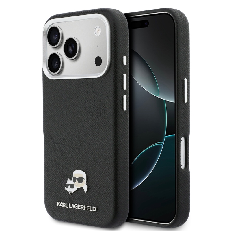Karl Lagerfeld PU Karl és Choupette fejek tűk MagSafe hátlap iPhone 17 Pro fekete színű borítóhoz